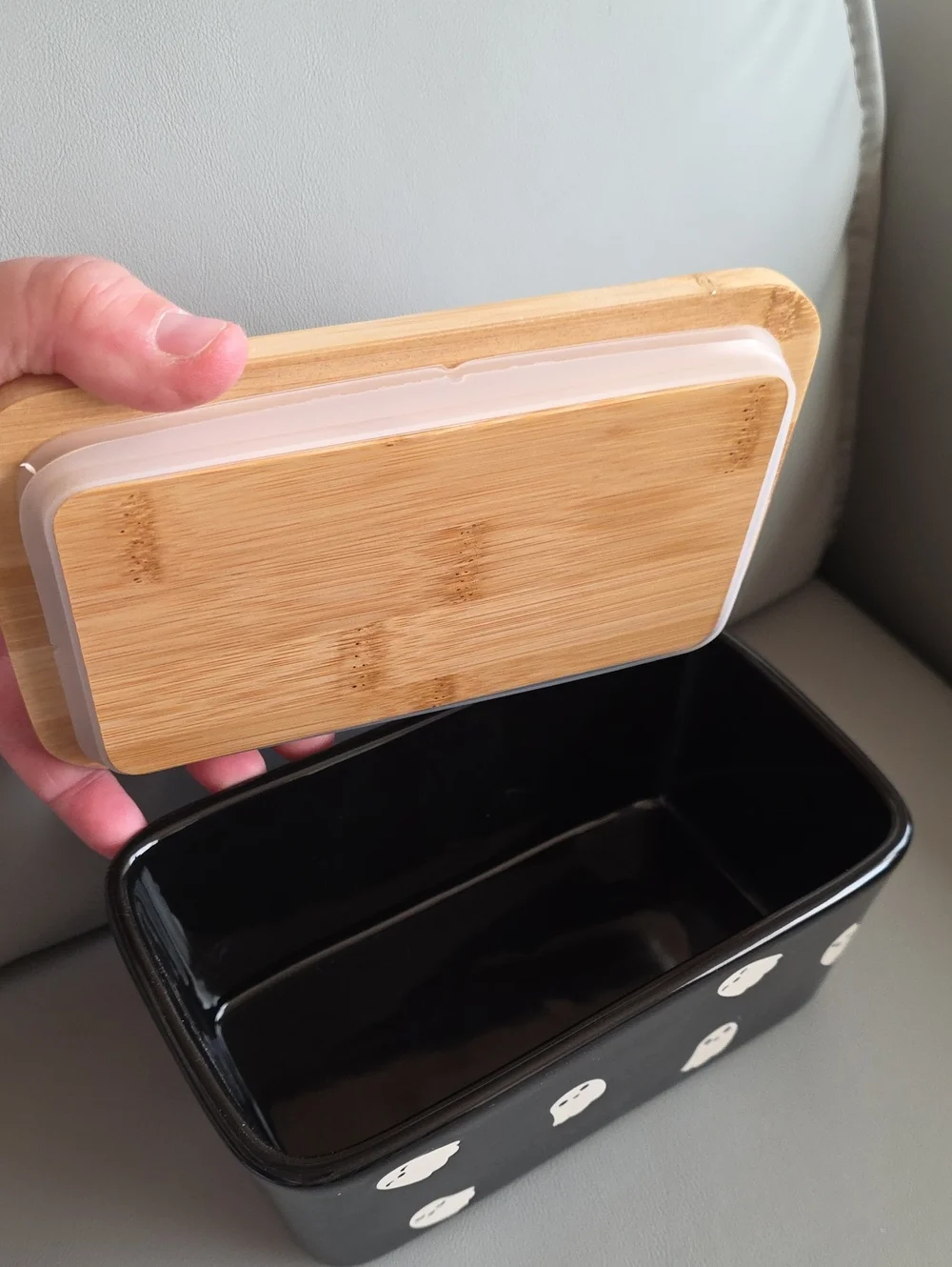 Cute Ghost Black Ceramic Storage with Bamboo Lid And Spreader Knife NWT
